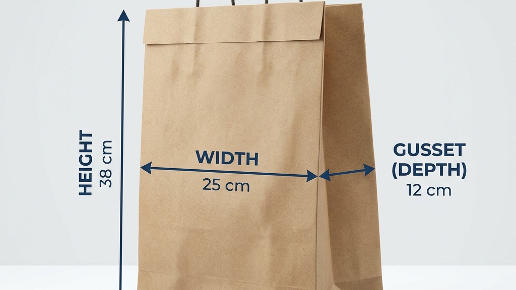 Sơ đồ mô phỏng kích thước của một chiếc túi giấy đứng
